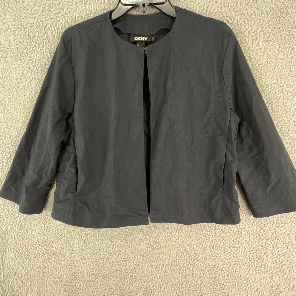 DKNY Jacket Women 8 Navy Blue 100% Linen Collarless Open Front Blazer Minimalist